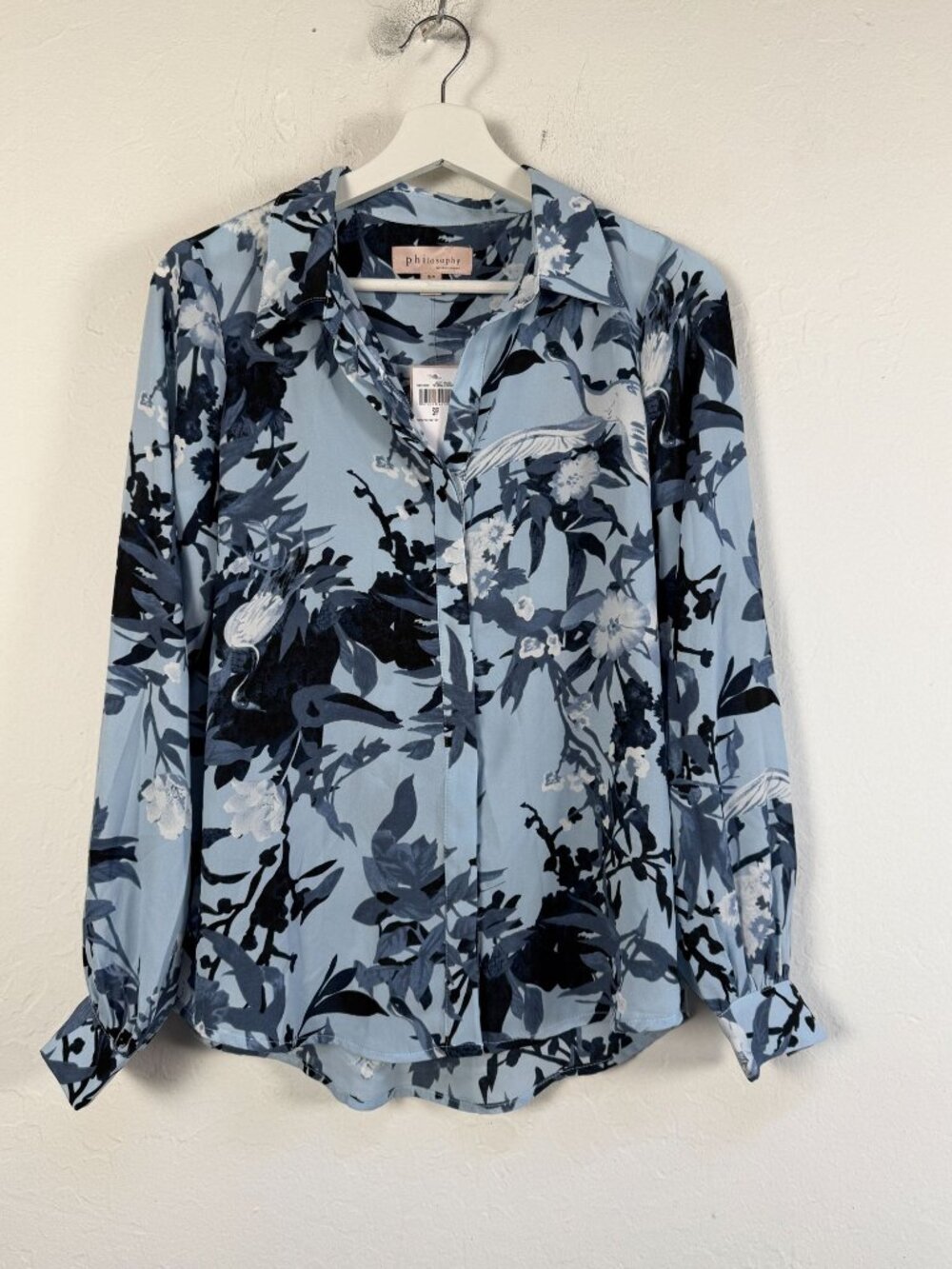 Philosophy Womens Small Blue Floral Crane Button Down Blouse Long Sleeve New